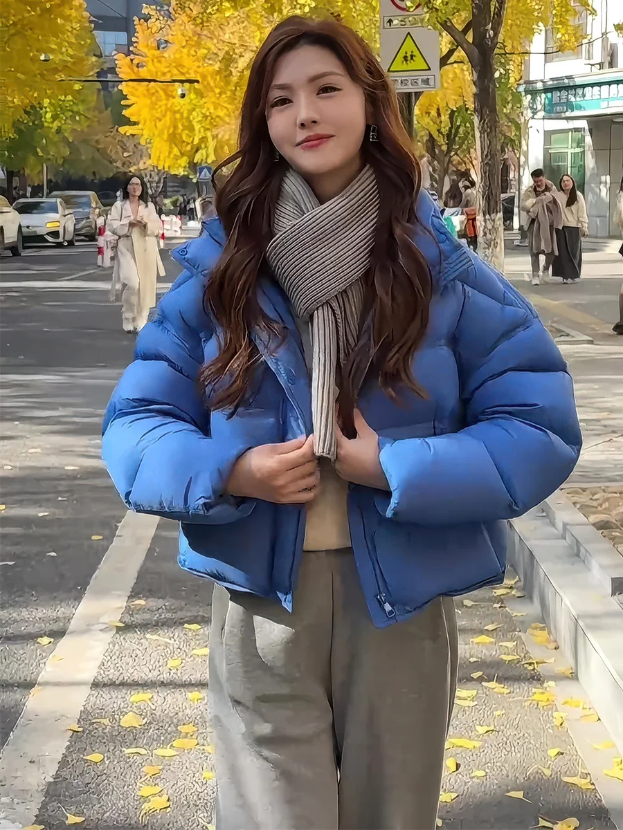 

Синяя или белая женская пуховая куртка свободного кроя в корейском стиле, теплая зимняя повседневная куртка на молнии