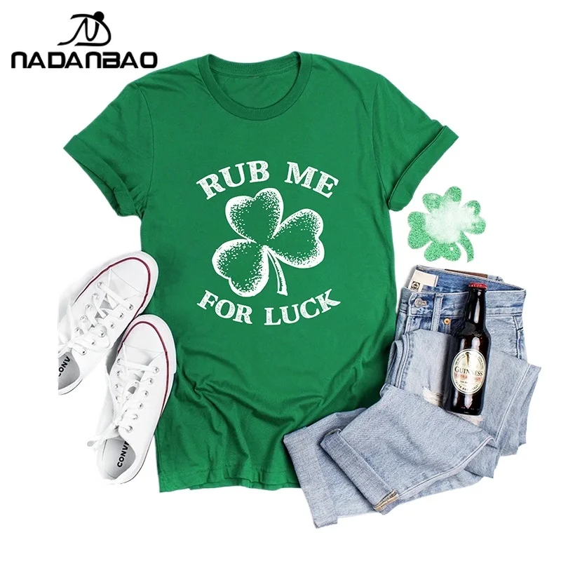 Nadanbao Clover Heat Transfer Print Women T-shirt St. Patrick's Day Holiday Party Top Spring Summer Green Round Neck Tee Shirt