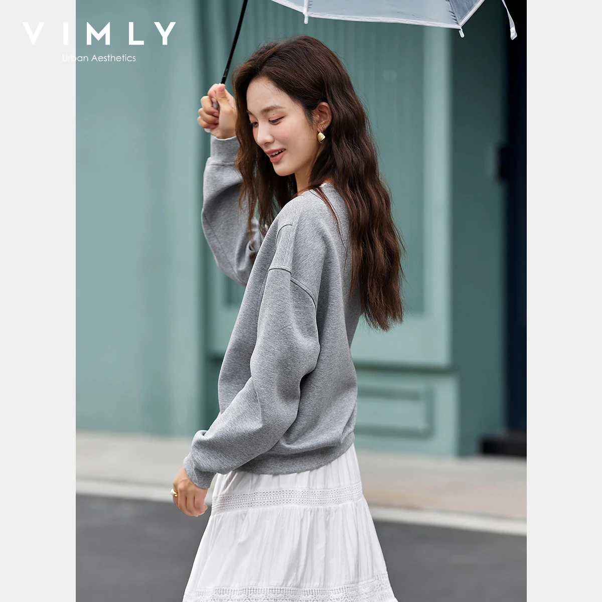 VIMLY Woman Sweatshirts Grey Lace Spliced V-neck Autumn 2025 Casual Long Sleeve Loose Tops Sporty Knitted Sweater Female A2078