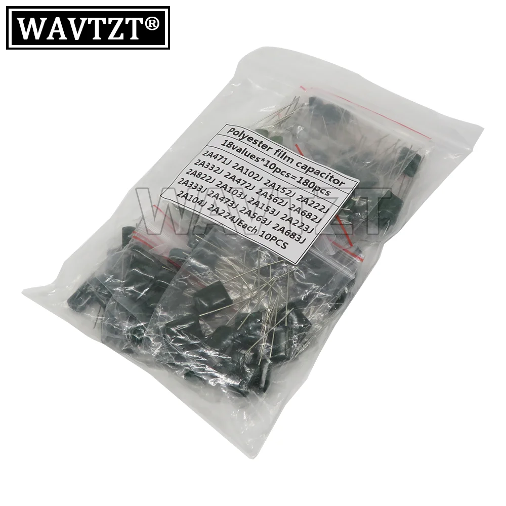 

18Value*10pcs=180PCS Polyester Film Capacitor Assorted Kit Contains 2A104J 2A332J 2A472J 2A103J 2A333J 2A473J 2A563J 2A223J