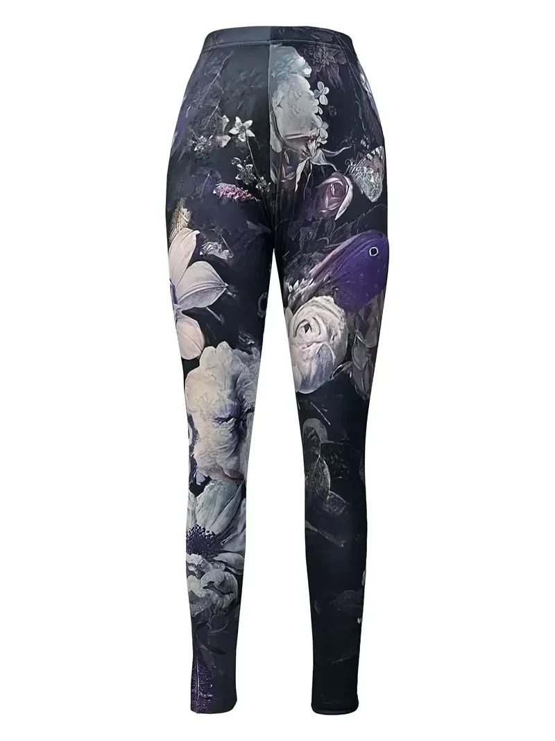 Flower print casual hip lift elastic elastic waist tight-fitting daily wear travel working women\'s leggings