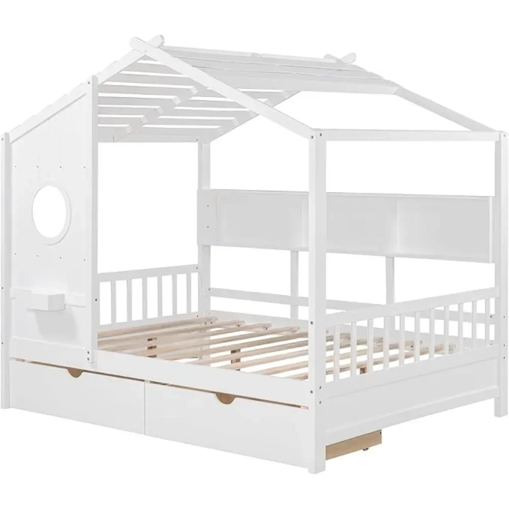 Cama de madera con cajones de almacenamiento y estantería para niños, diseño de caja de ventana integrada, bonita cama para niños pequeños, niños y niñas