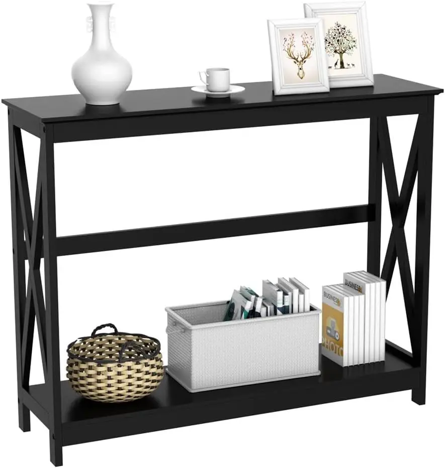 

2-Tier Entryway Console Table with Storage Shelf, Black X-Design for Living Room or Hall