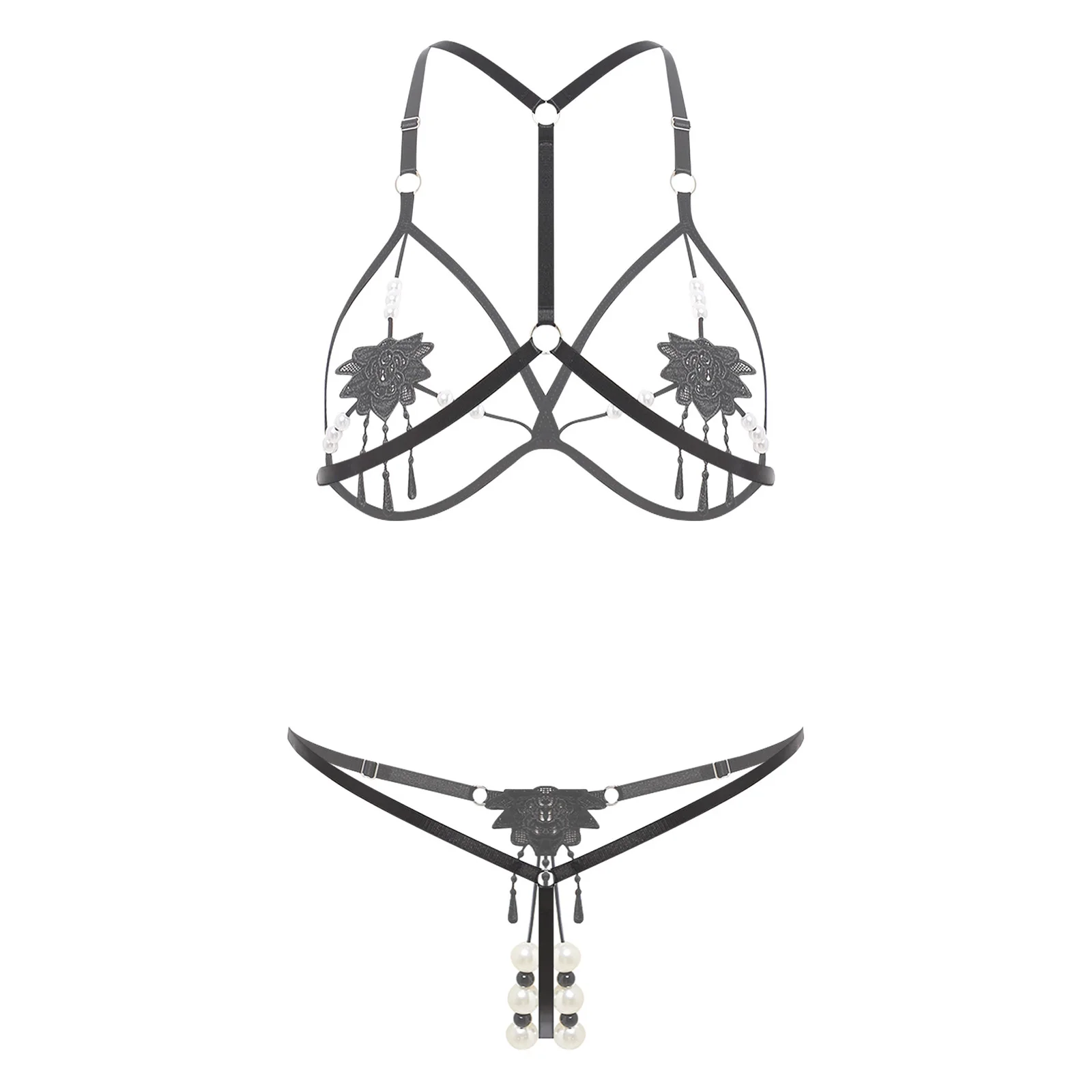 Women Lingerie Temptation Set Floral Patch Faux Pearls Bra with T-back Thong for Couple's Adult Tempting Porn Nightwear Sets