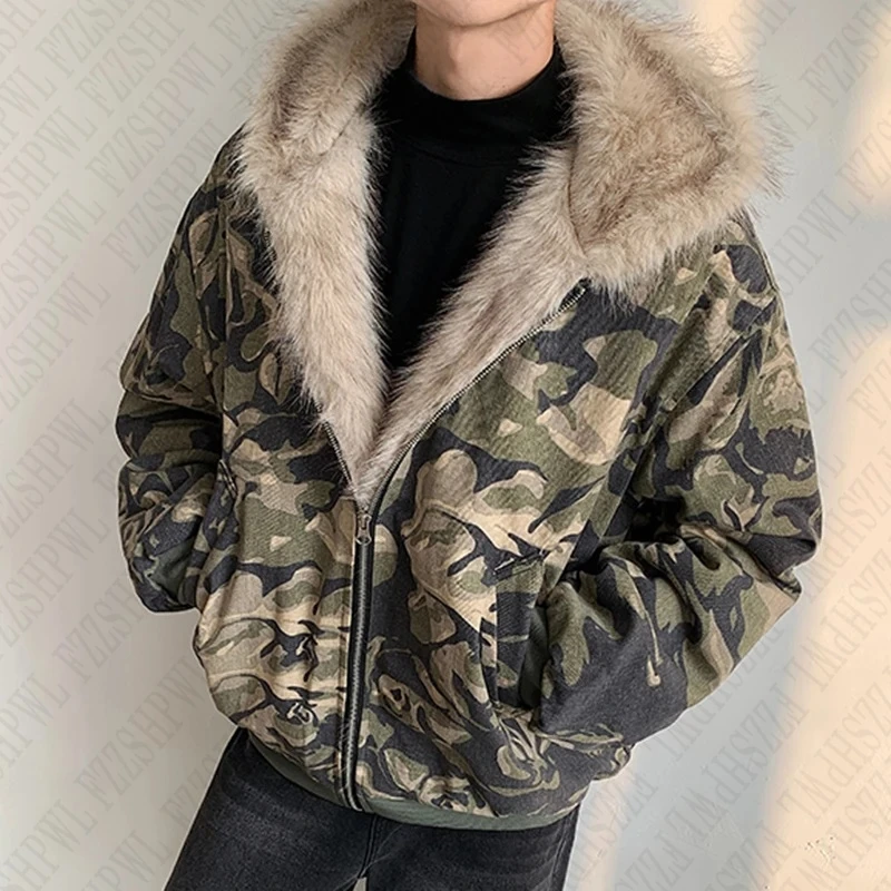 Fashion men's Camouflage Cotton-padded Coat Fur Hooded Zipper Loose Thick Warm Quilted Jacket Winter 2024 New Y2K Zip up Hoodie