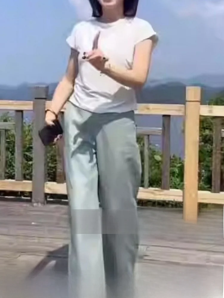Thin Straight Leg Wide Leg Pants Women's Ice Silk Drape Anti-Wrinkle  Linen Pants Commute Style High Waist Button Closure