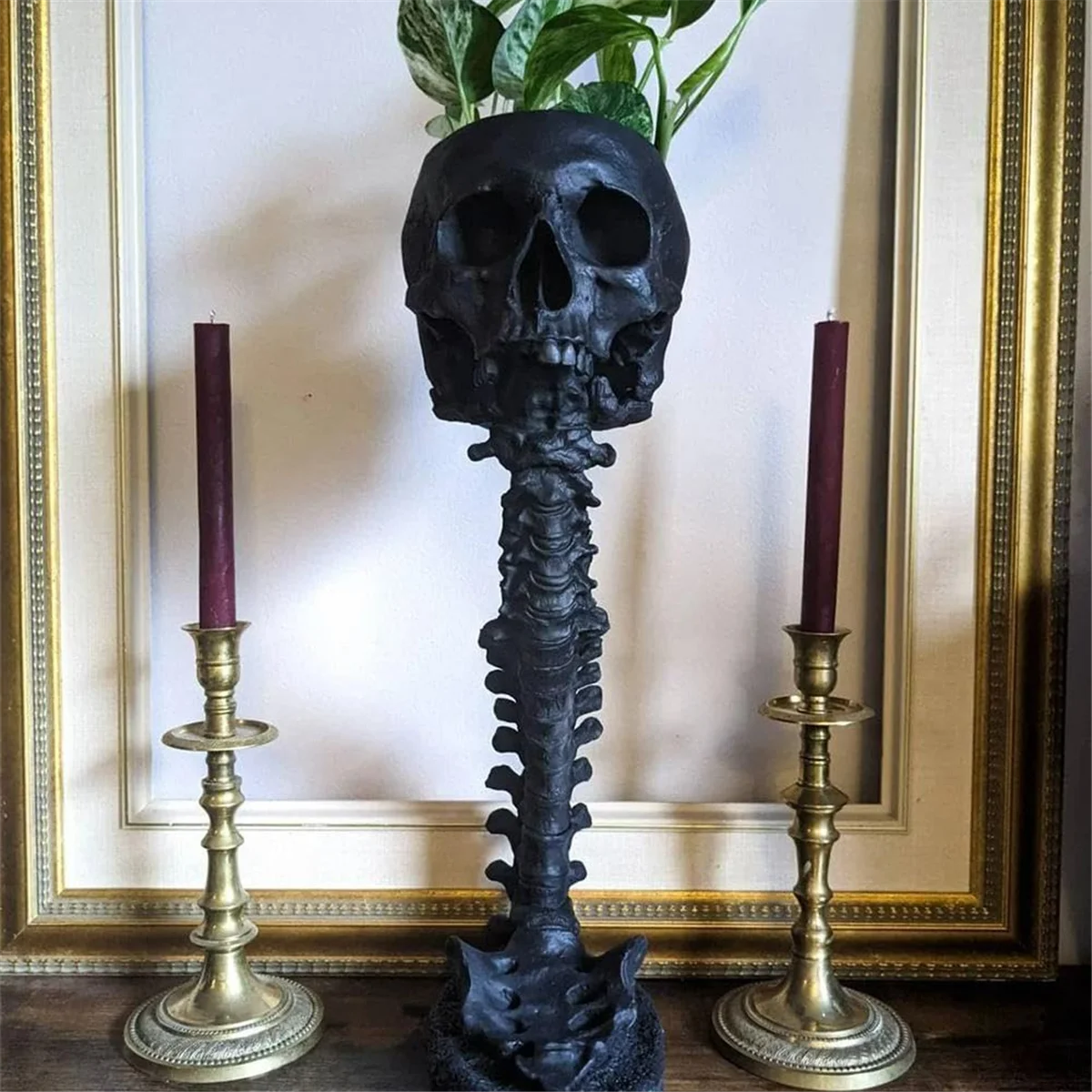 Resin Skull Planter & Spine Stand Set, Polyresin Skulls Pot, Halloween Decoration Retro Human Skull Head Flower, Black