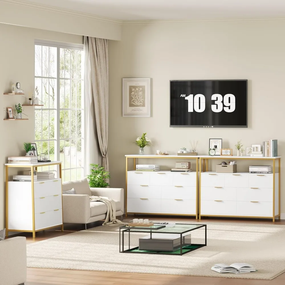 Moderne Kommode mit 7 Schubladen, weiße Kommode mit Metallgriffen, weiße und goldene Kommode, hohe Kommode, großes Fassungsvermögen