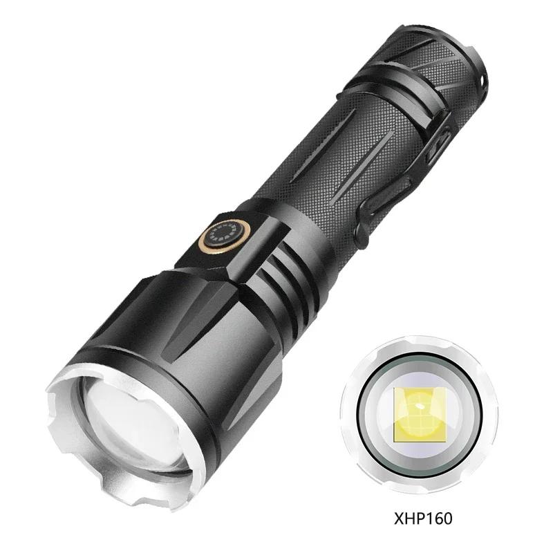 

2000LM Powerful XHP160 LED Flashlight USB-C rechargeable Torch Telescopic Zoom Tactical Lights for Camping Fishing 18650 26650