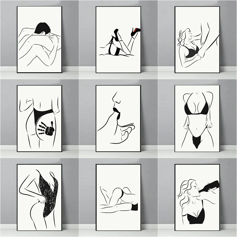 مجردة زوجين الحب المثيرة خط الحد الأدنى لوحة قماش ، أنثى مثير امرأة عارية ملصق ، صور جدار الفن ، ديكور الغرفة ، المنزل