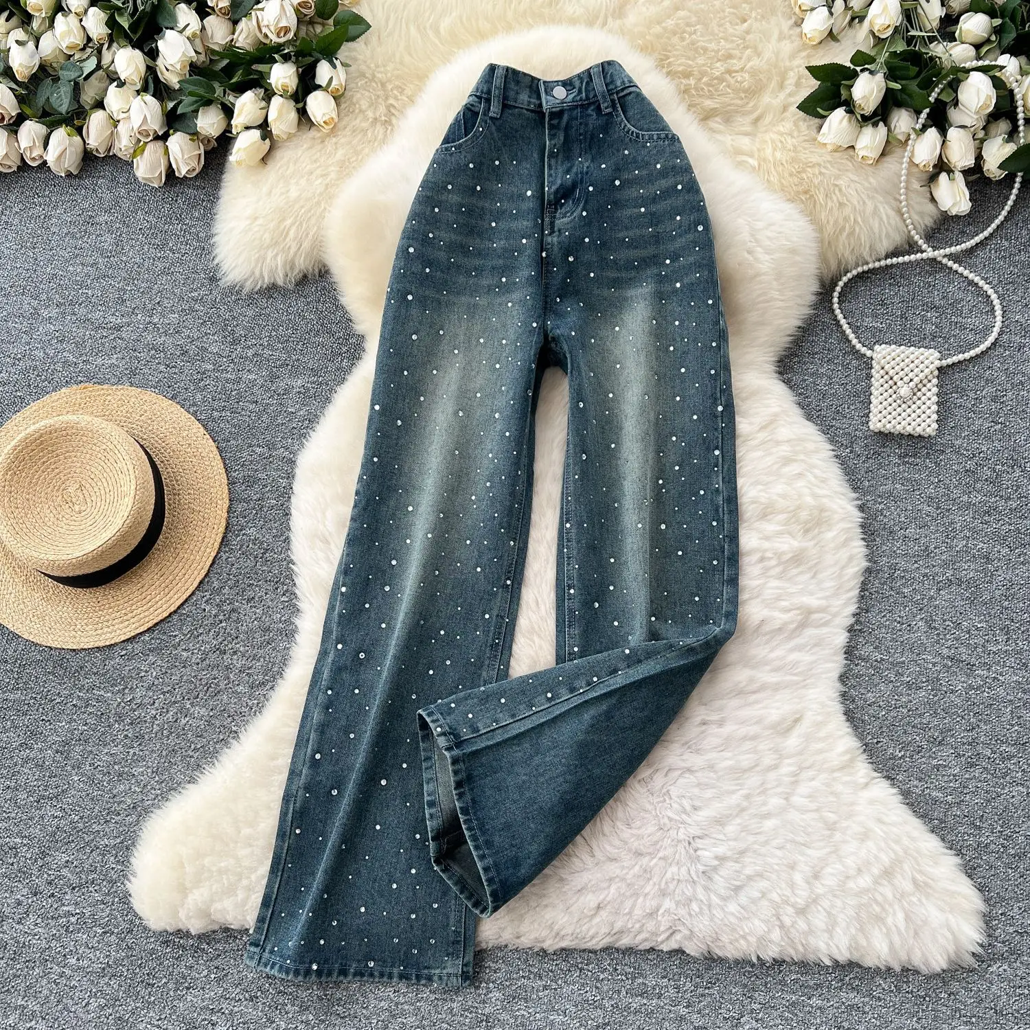 

Women Denim Pant Jeans Wide Leg Long Pants High Waist Straight Trousers Punk Y2k Streetwear Elegant Splice Work Hot Drilling