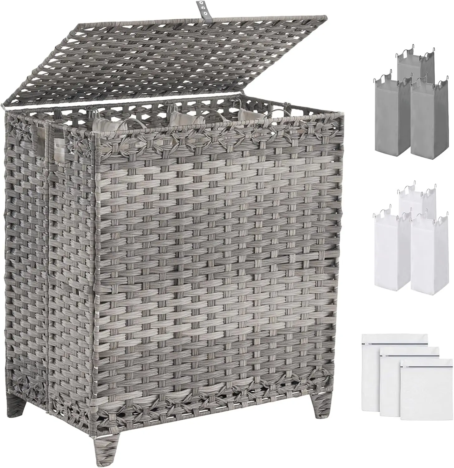 

190L Large Laundry Basket with Lid, 3 Sections, 6 Removable Bags & Feet, Handwoven Rattan, Grey