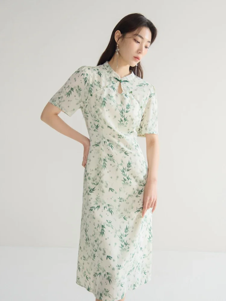 DUSHU New Chinese Style Stand Collar Women Cheongsam Dress Printed Design Female Summer Long A-LINE Dresses 24DS82430