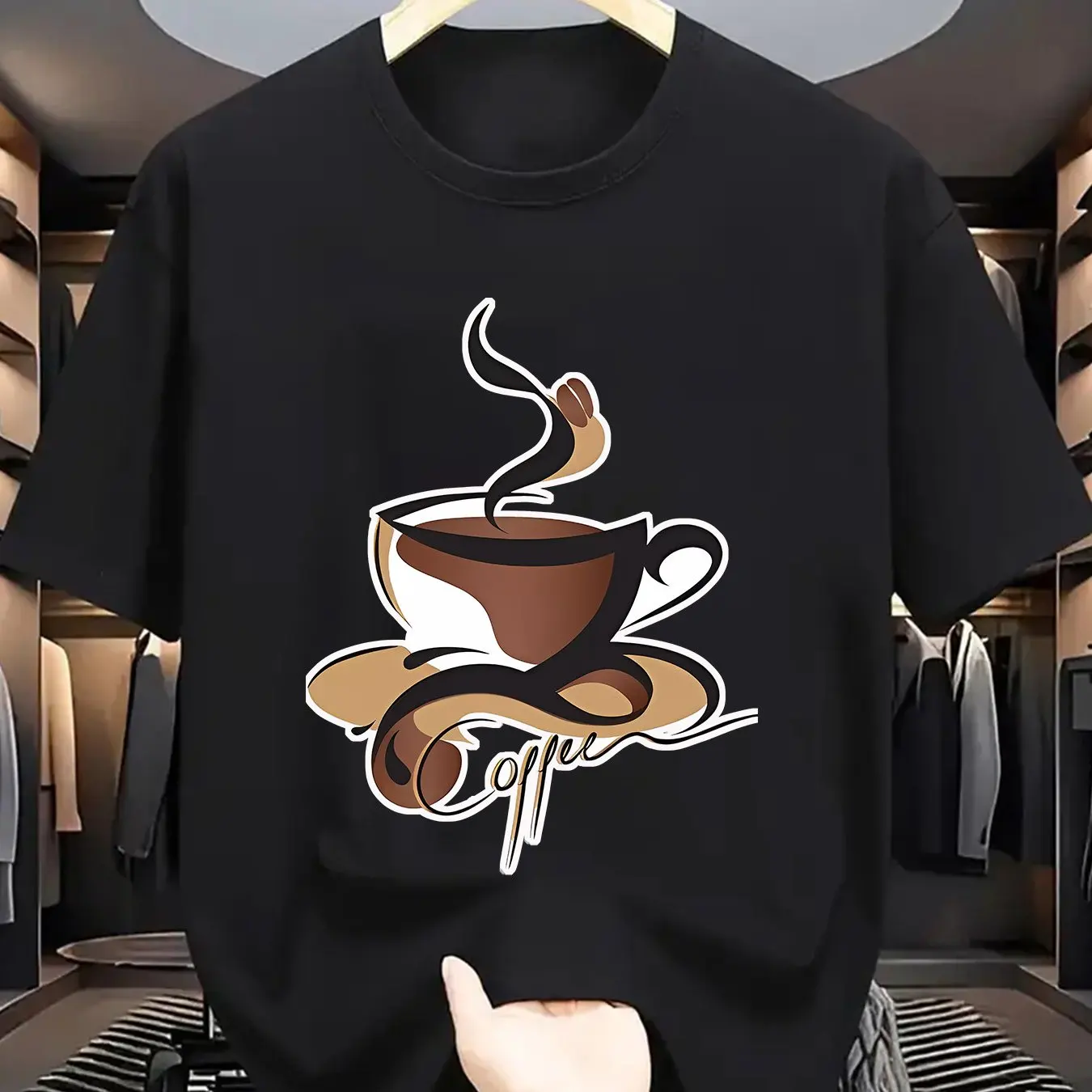 2026 New Arrival: Men's Coffee Cup Pattern T-Shirt — Breathable, 100% Pure Cotton, Printed Short-Sleeve, Crew Neck, Casual Style