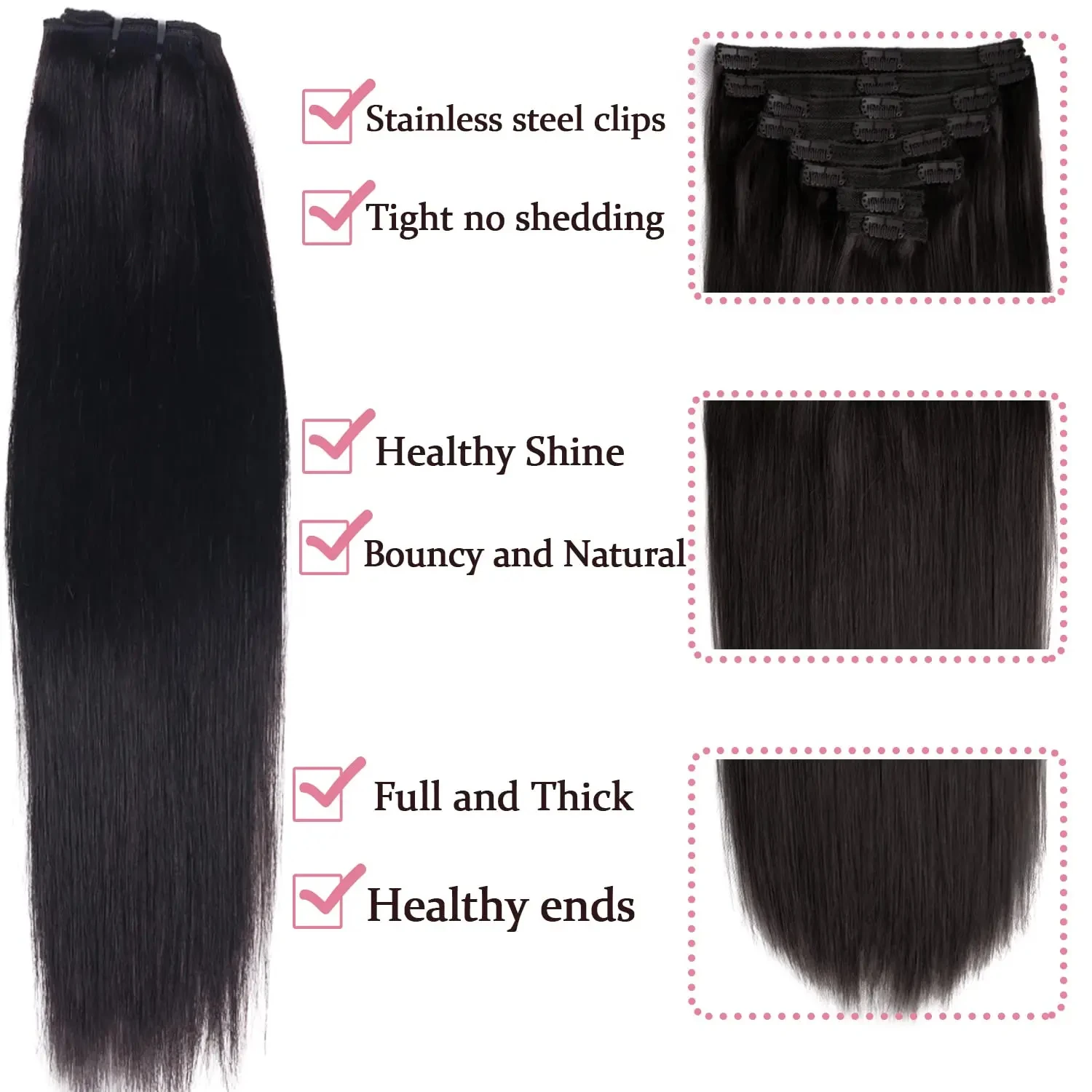 Clip in Hair Extensions Straight Per Set with 18 Clips 8pcs 120G Double Weft Virgin 100% Human Remy Hair Natural Black Color