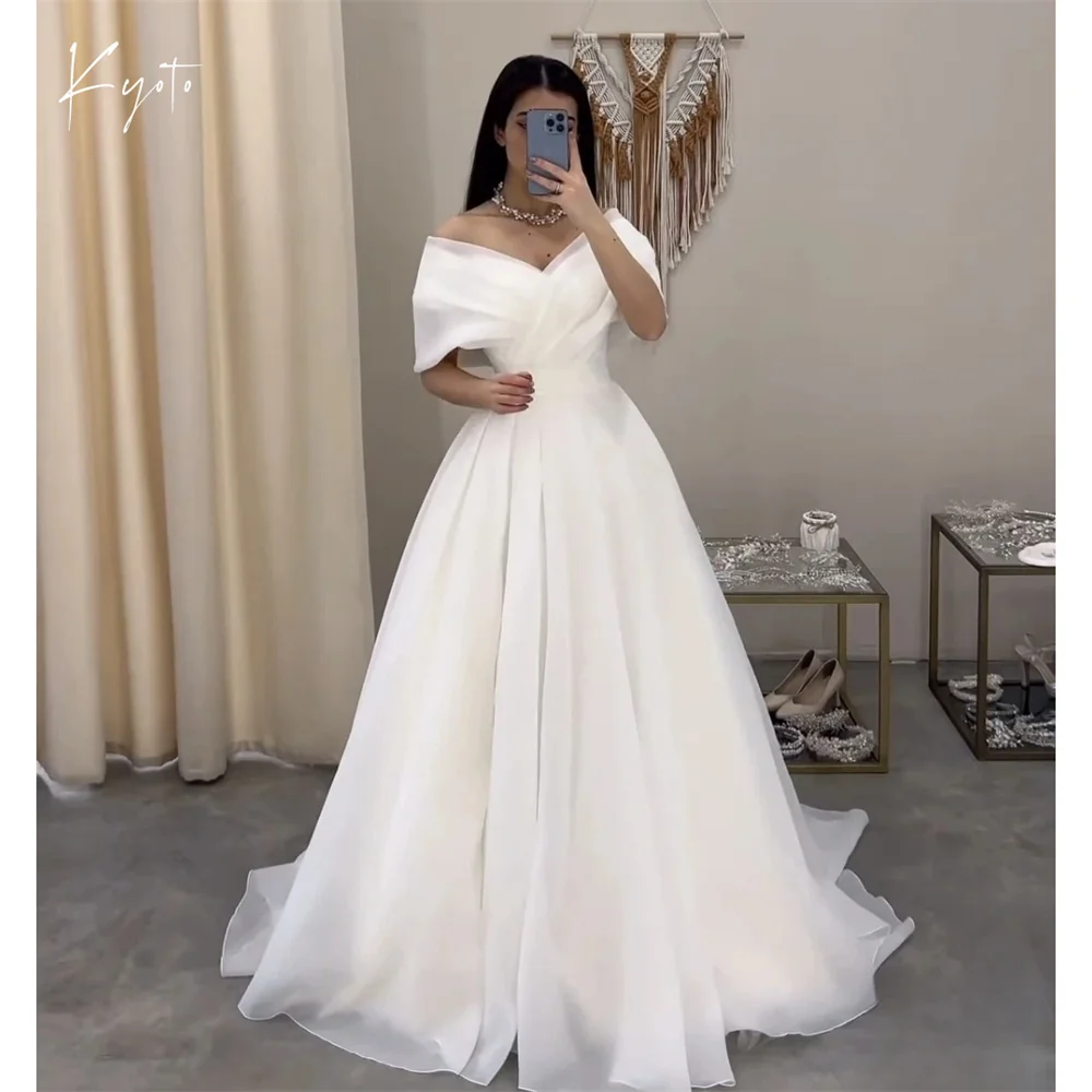 

Kyoto Customized Chiffon A-line High-Waisted Wedding Dress V-neck Sleeveless فستان زفاف Princess Sweep Train WHiteAbito da sposa