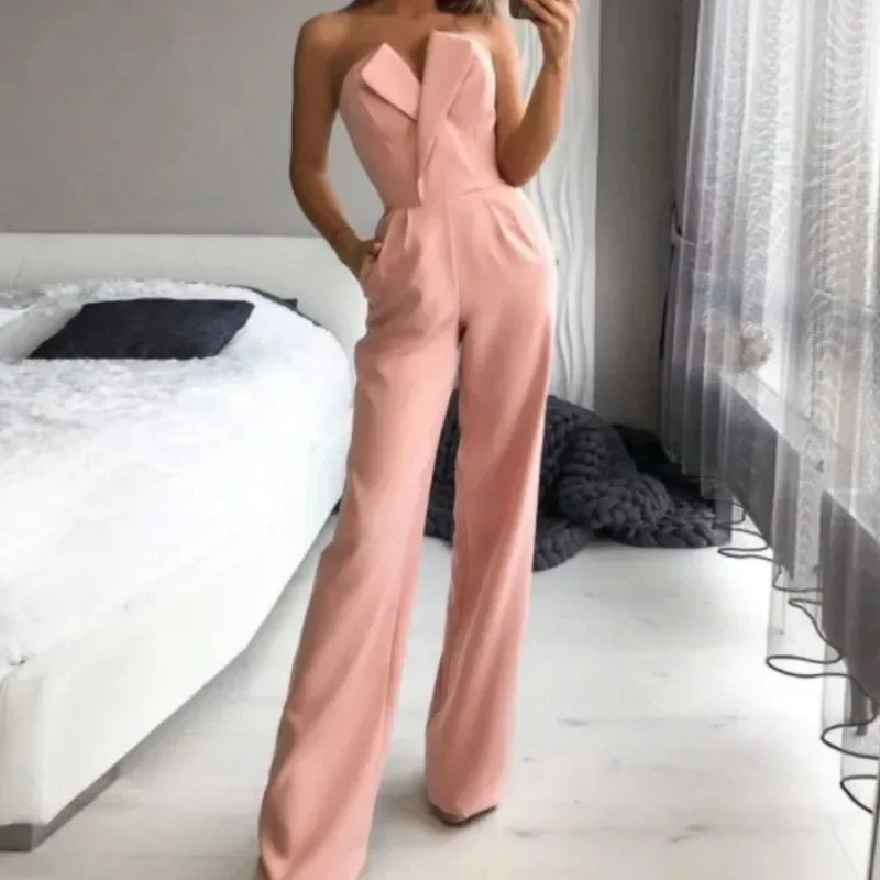 2024 Summer Long Rompers Women Jumpsuit Elegant Strapless Summer Sleeveless Wide Leg Club Party Outfits Work White Overalls