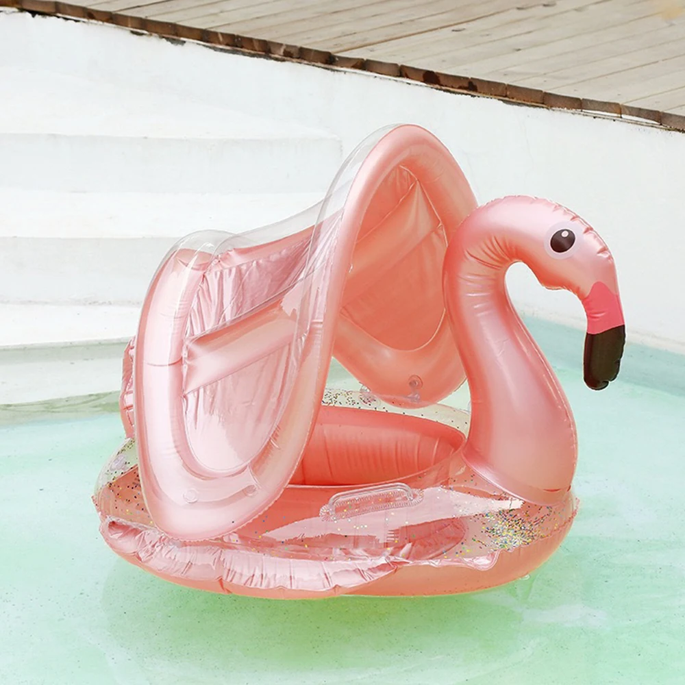 Baby Inflatable Flamingo Unicorn Swim Ring Float Seat with Awning for Swimming Pool Bathtub Infant Summer Water Game Playing Toy