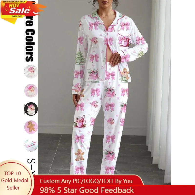 

Christmas Print Women's Pajama Set, Fitted Long Sleeve Shirt & Elastic Pants, Soft Stretchy Fabric, Casual Home Wear,