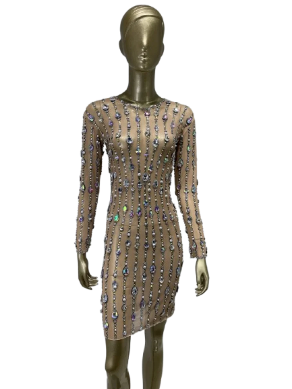 

Mesh Rhinestone Dress Beaded Stage Outfit Tight Party Gown Performance Clubwear Vestido De Festa White Dresses With Rhinestones