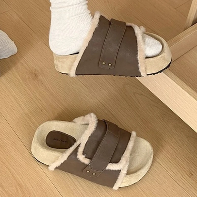 منصة النعال الفراء أحذية نسائية موضة أحذية الثلوج غير رسمية 2025 الخريف المشي المنزل الوجه يتخبط العلامة التجارية الجديدة مريحة Mujer Sandalias #3