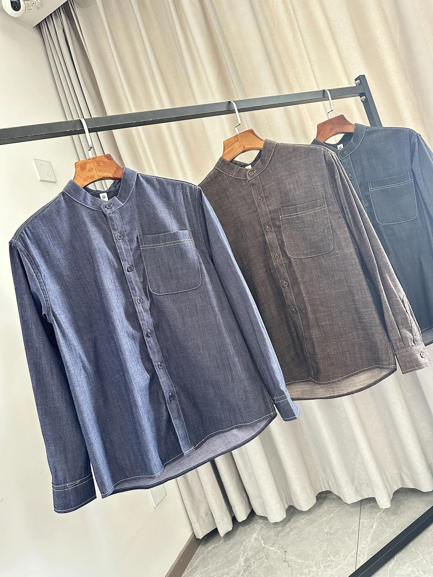 American Retro Style Long Sleeve Men's Casual Shirt Breathable Commute Polyester Cotton Blend Denim Stand Collar Coat