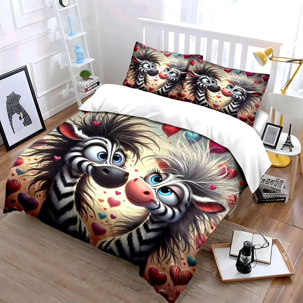 Zebras in love with heart background Print Bedding Set 1 Duvet Cover 2 Pillowcases for Adult and Children Luxury Gift Full Size