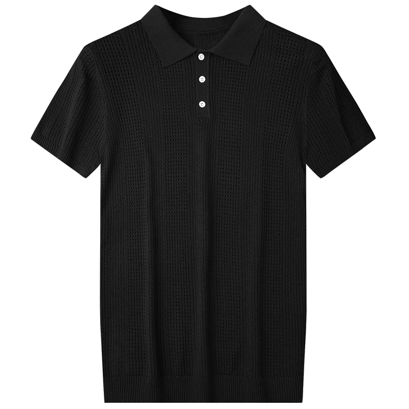 

2023 Plaid Knitted POLO Shirts Men Short Sleeve Breathable Slim Ice Silk Polo Hombre Solid Color Lapel Casual Tee Tops R26