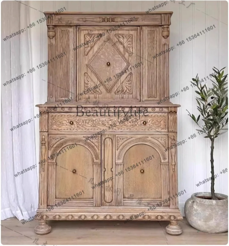 French retro old dining side cabinet log style living room solid wood storage engraved entrance cabinet