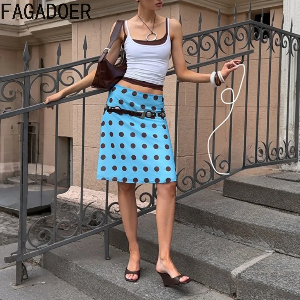 FAGADOER Fashion Big Polka Dot Mini Skirts Sets for Summer Women Streetwear Spaghetti Strap Crop Top and Blue Skirts Outfits New