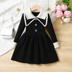 4-12Y Girls Knitted Dress Spring and Autumn New Childrens Woolen Dress Fashionable Polo Collar Academy Teen Girl Princess Dress