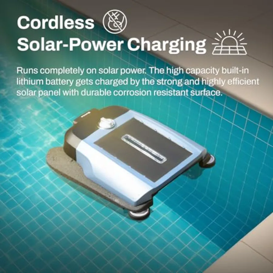 Robotic pool skimmer for infinity edge, in-ground above-ground pools; solar-powered cordless design with dual cleaning modes an