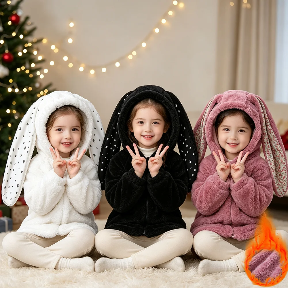 2026 New Winter Warm Kids Girls Coat Children Fluffy Outerwear Cute Long Bunny Ears Cozy Zip-Up Hooded Fleece Warm Kids Outfits