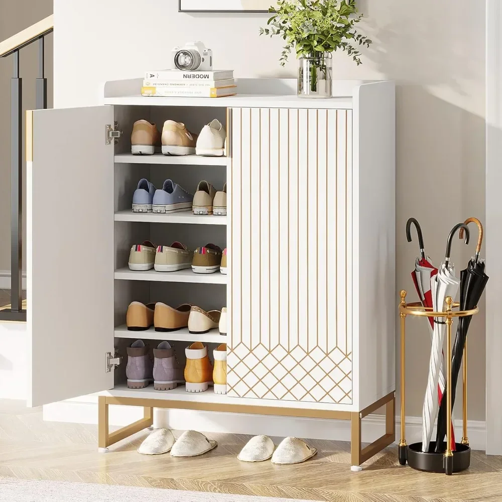 White, 25 Pair Shoe Cabinets with Doors, 5-Tier Modern Shoe Rack Organizer Cabinet, Freestanding Wood Storage Cabinet with Gold