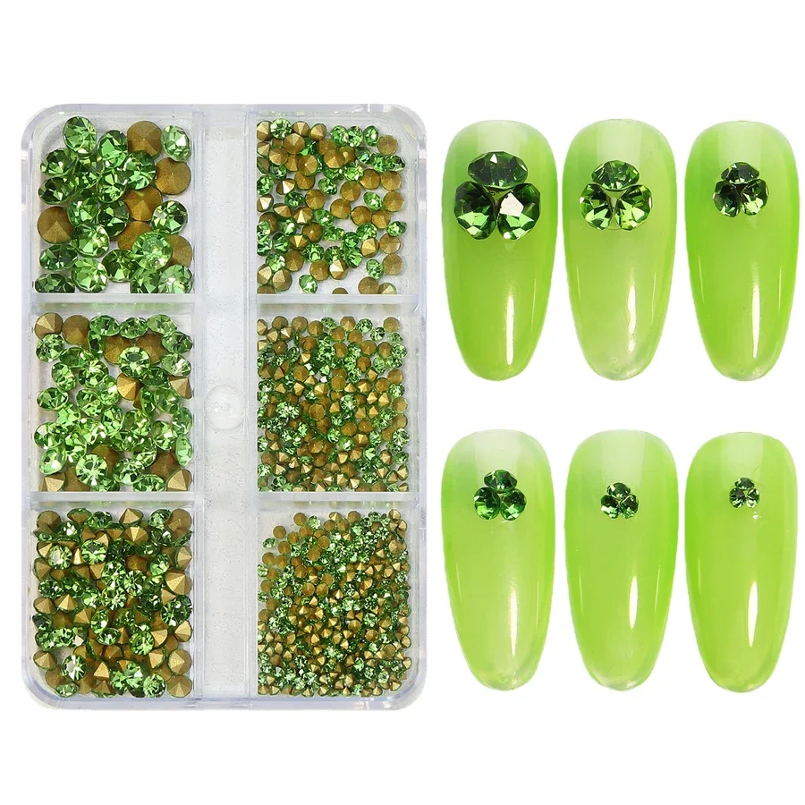 6 Grid Box Nail Art Rhinestones Strass Gems Pointed Bottom for UV Gel Polish DIY 3D Decoration Jewelry