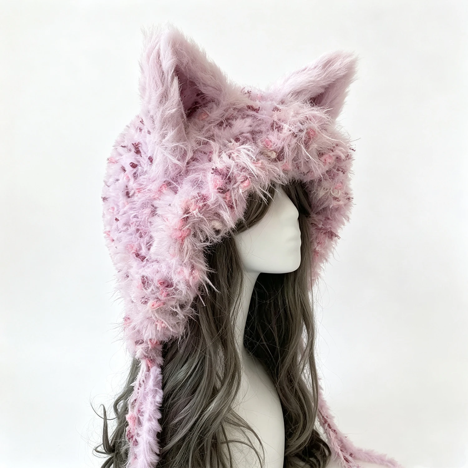 Custom Hand‑Crocheted Pink Purple Fox Ear Hat Women Fuzzy Plush Floral Knitted Hood Girls Fairy Lolita Sweet Winter Warm Beanie