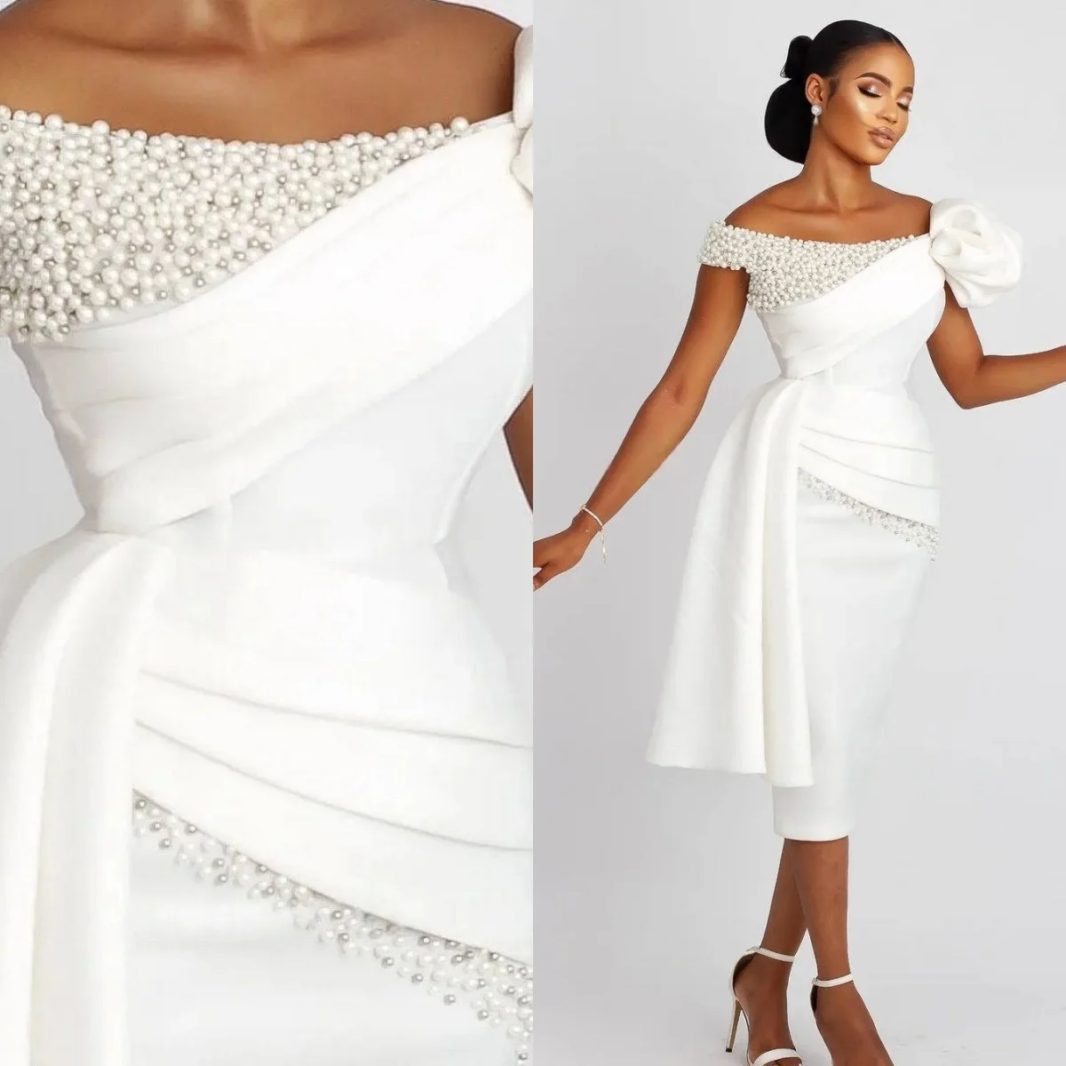 

Customized White Satin Fashion Wedding Dress Exquisite Pearls Romantic Bridal Party Delicate Sheath Temperament Bridal Gowns