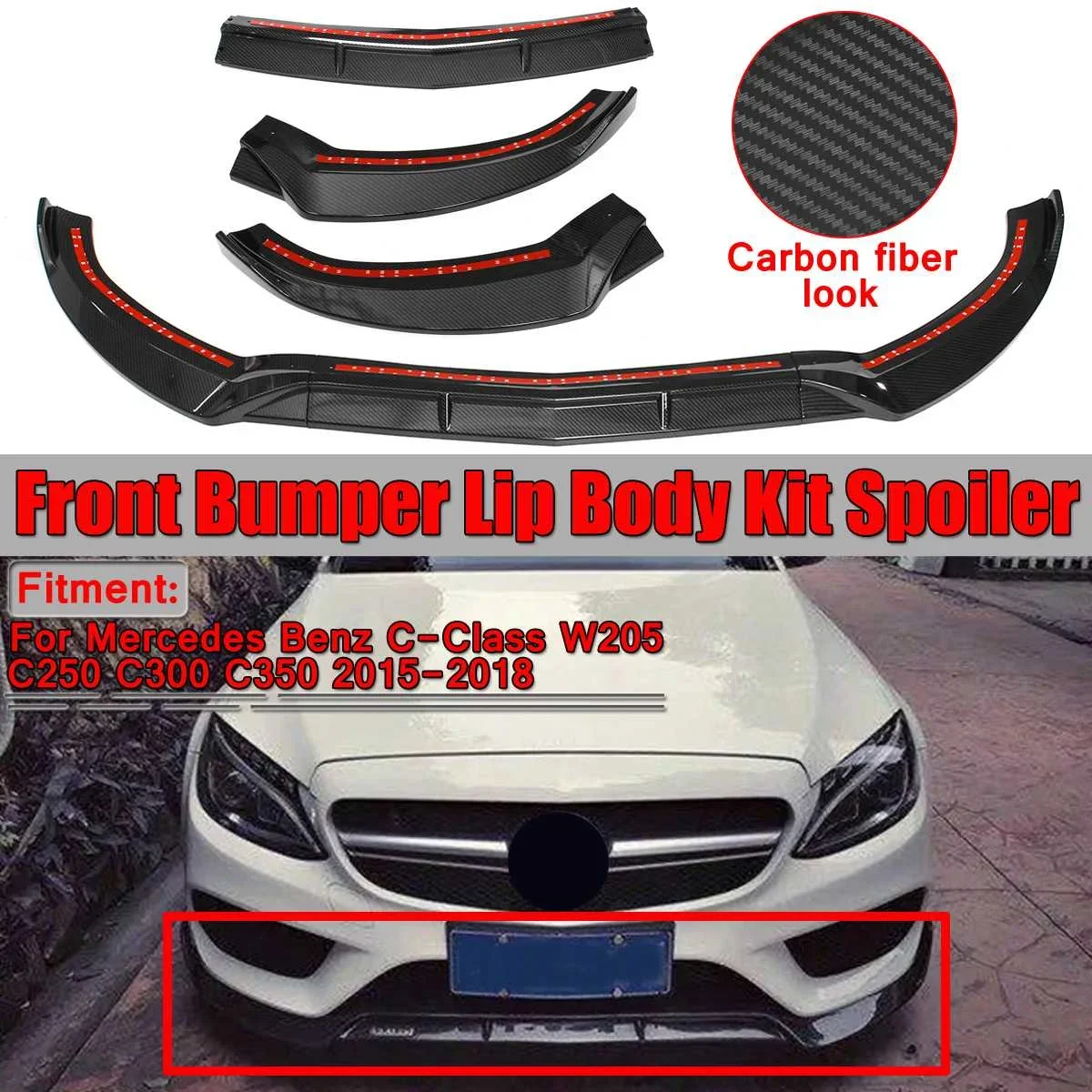 

W205 3Piece Car Front Lip Chin Bumper Lip Spoiler Splitters Body Kit For Mercedes For Benz C-Class W205 C250 C300 C350 2015-2018