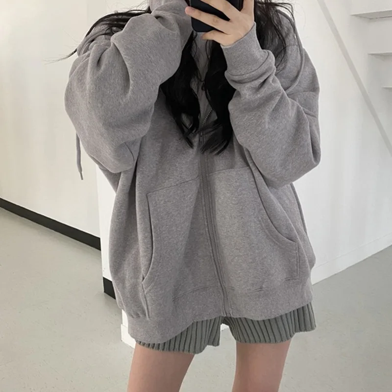 

Women Harajuku Zip Up Hoodie Vintage Long Sleeve Oversized Solid Color Hoodies Autumn Korean Style Pocket Drawstring Sweatshirt