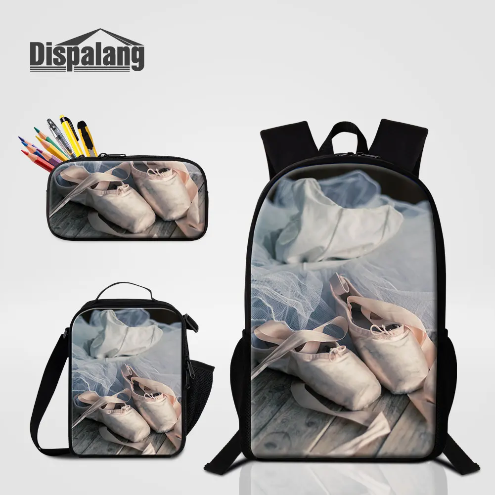 3PCS/Set School Bag With Food Lunchbox Pencil Case Cute Ballet Design Backpack For Girls 16 Inches Women Travel Shoulder Bookbag