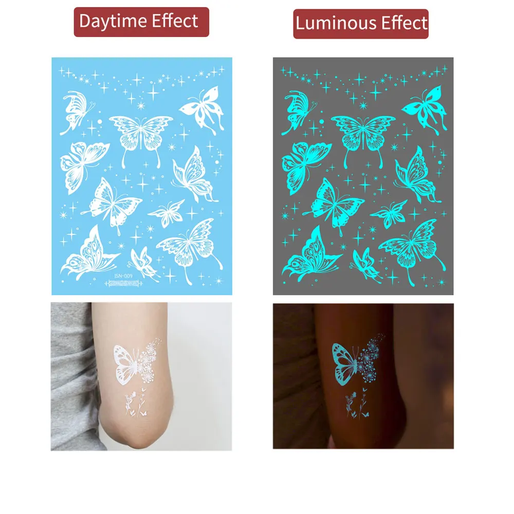 여성을위한 1pc 파란색 빛나는 가짜 문신, 손 손가락을위한 나비 문신 스티커 손목 어둠 속에서 빛나는 임시 문신