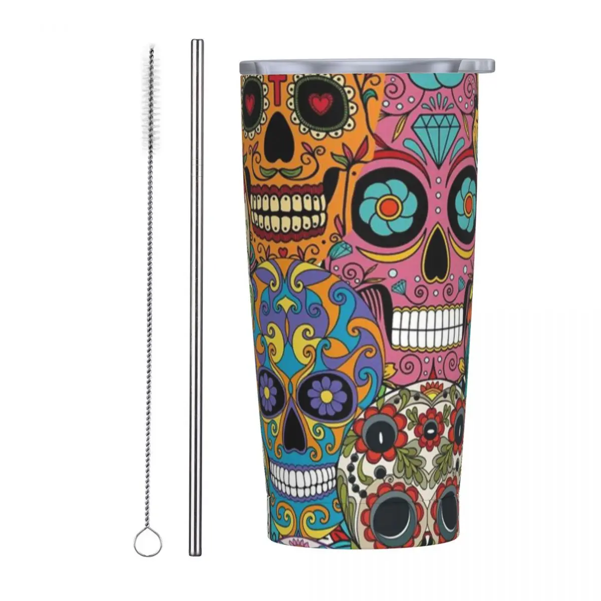 Mexican Sugar Skulls Stainless Steel Tumbler Dead Travel Thermal Mug With Straws and Lid Large Car Mugs Hot Drinks Water Bottle