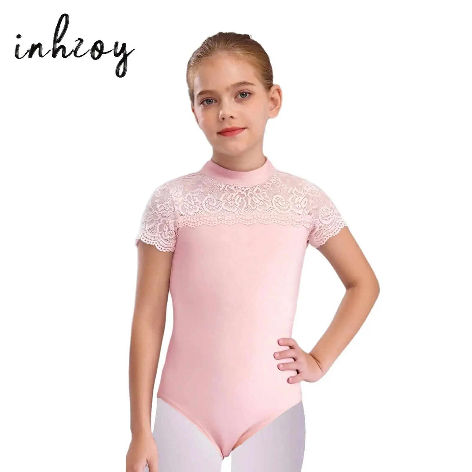 

Kids Girls Lace Ballet Dance Leotard Cotton Short Sleeve Keyhole Back Bodysuit for Gymnastics Practice Performance Dancewear