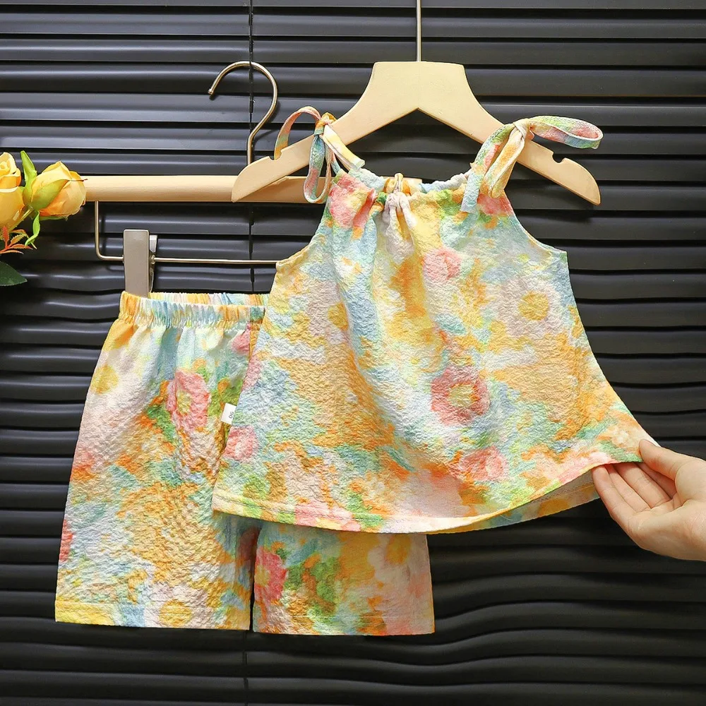 Sleeveless Top Girls Sling Shorts Set Elastic Waistband Tie Shoulder Straps Strap Suits Lightweight Fabric Two Piece Set