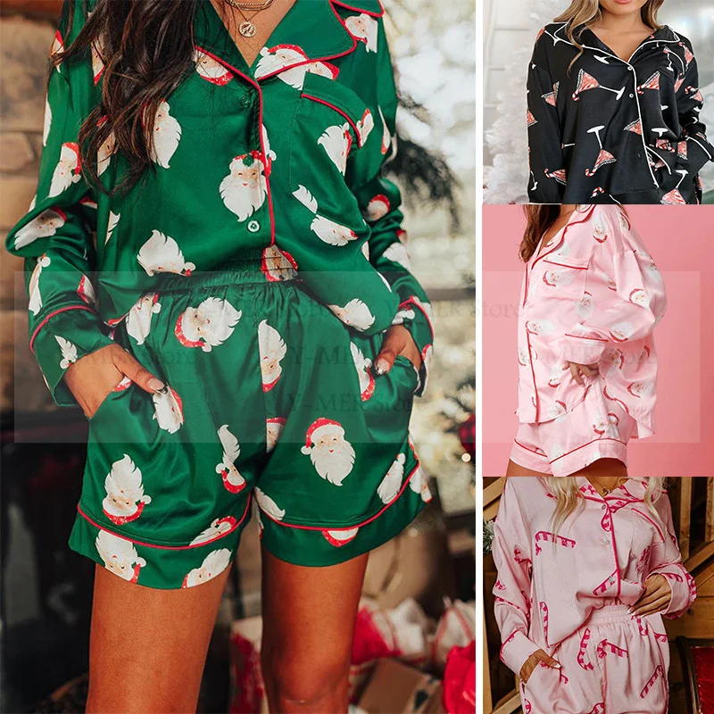 

Зеленый Рождественский пижамный костюм Санта-Клауса, женская одежда для сна с короткими рукавами, домашняя одежда с принтом, Pijama Mujer, повседневная ночная рубашка, пижамы