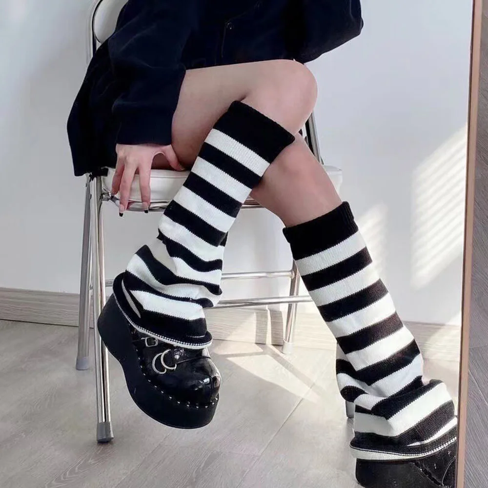 Fashion Fall Winter Gothic Knitted Leg Warmers Academia Stripe Loose Fit Sock Cover Cool Girl Casual Leg Protector Stocking