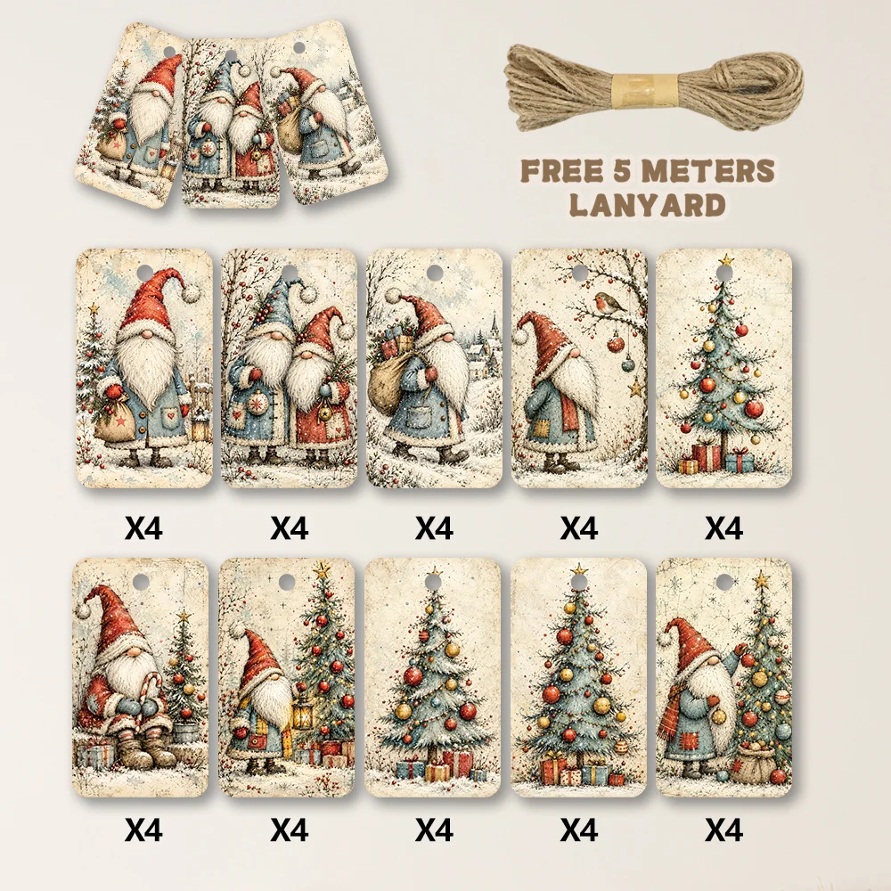40pcs, Gift Tags, Nordic Gnome Christmas Art, Hanging Paper Labels for Gift Wrapping, Holiday Party Decor with String
