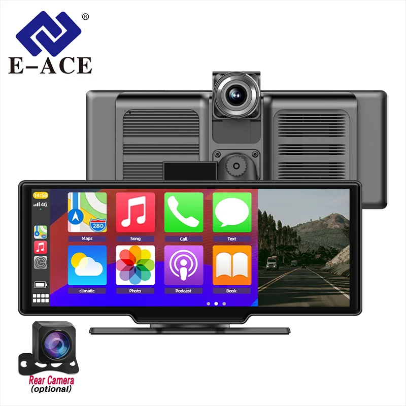 

Видеорегистратор E-ACE 4K с беспроводным CarPlay и Android Auto, задняя камера 1080P, GPS, Wi-Fi, для Apple и Android