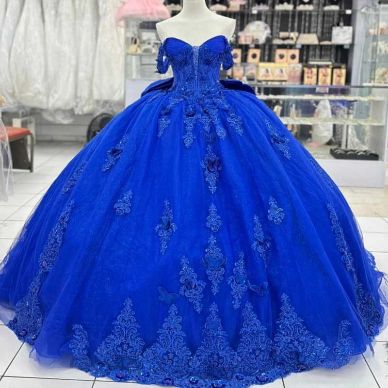 

Royal Blue Ball Gown Quinceanera Dresses Applique Bow Beading Crystal Tull Corset Off Shoulder Sweet 16 Dress vestidos de 15