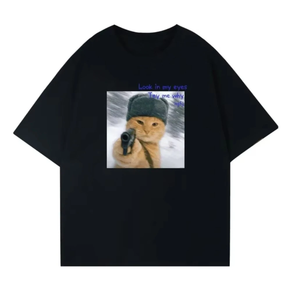 

Summer 2025 High Street New Century Cat pattern T-shirt for both men and women Sailor collar casual square short-sleeved simple